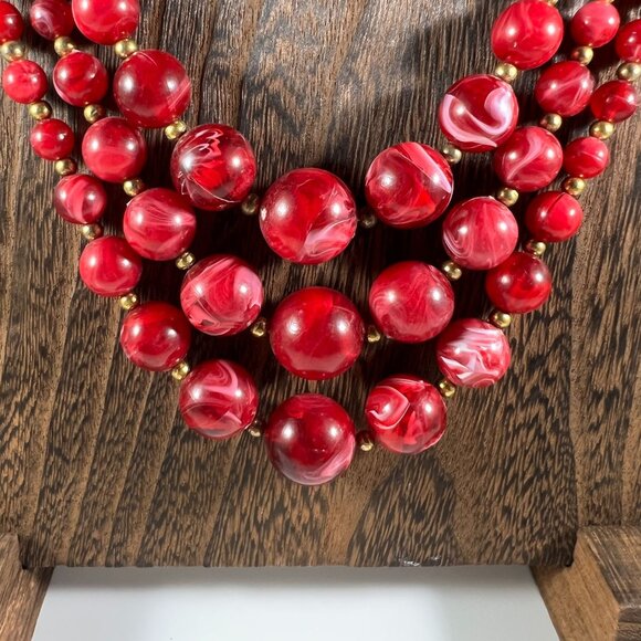 Vintage Triple-Strand Red Beaded Necklace With Gold-Tone Accents & Hook Clasp - Picture 2 of 3